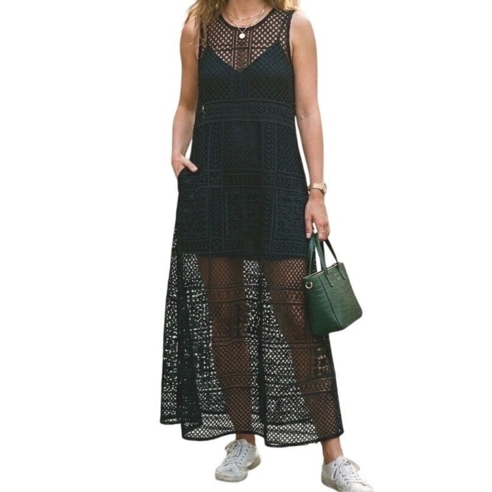 Womens Black Crochet Maxi Dress Sleeveless Open Knit Dress Coverup Size M